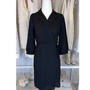 Monteau Los Angeles Women's Size S Black 3/4 Sleeve Faux Wrap Dress #0092